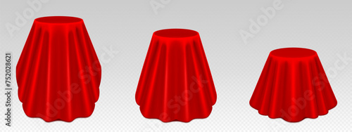 Round product podium or table covered with red curtain. Realistic vector set of silk cloth drapery on box for unveil surprise or presentation and display platform. Silk blanket hide pedestal.