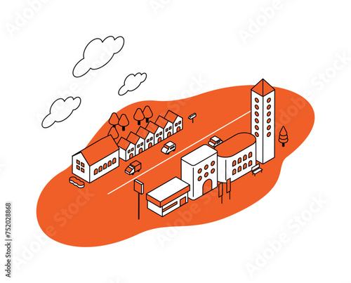 住宅やお店が並ぶ街並みのアイソメイラスト