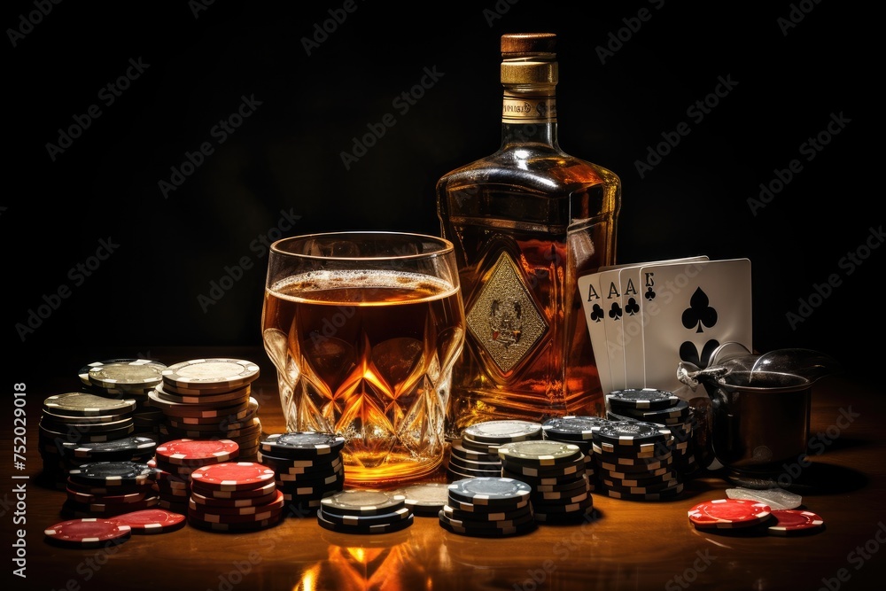 Casino chips decoration ,Casino still life with deck of playing cards, poker chips, bottle of whiskey, glass, Ai generated Casino chips decoration ,Casino still life with deck of playing cards, poker chips, bottle of whiskey, glass, Ai generated