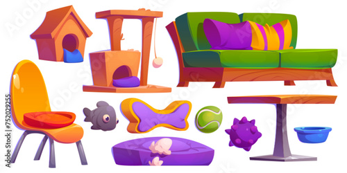 Pet friendly cafe design elements set isolated on white background. Vector cartoon illustration of coffee shop interior furniture, animal house and toys, table and chair, couch with color cushions