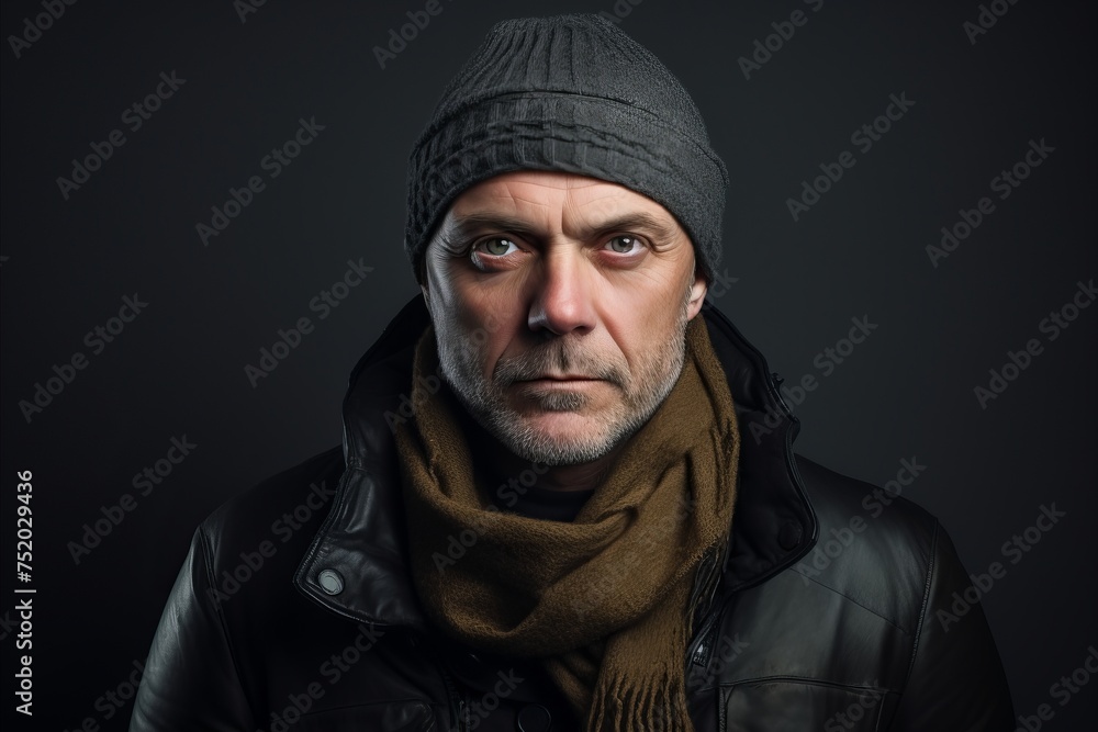 Portrait of a middle-aged man in a hat and scarf. Portrait of a middle-aged man in a hat and scarf.