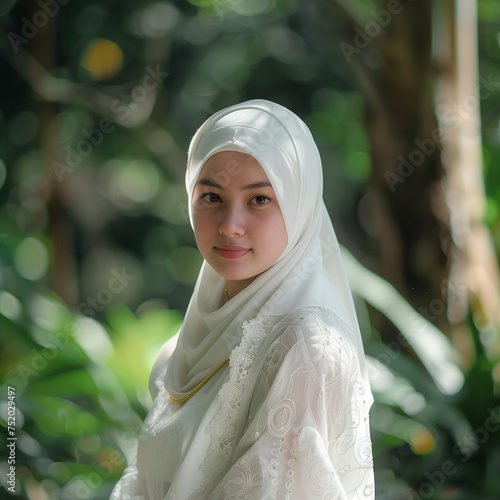 Beautiful face of muslim asian women wearing hijab smile look at camera on nature green background
