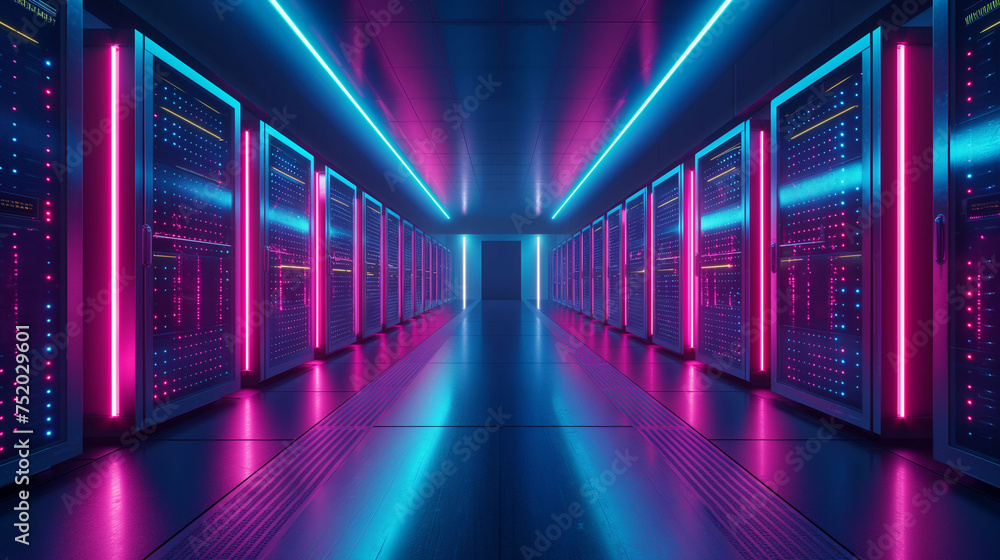 Cyberpunk Themed Data Center with Neon Lighting