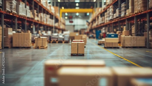 A bustling warehouse filled with goods in cardboard boxes reflecting the positive impact of reshoring on the supply chain and distribution channels within the local economy. photo