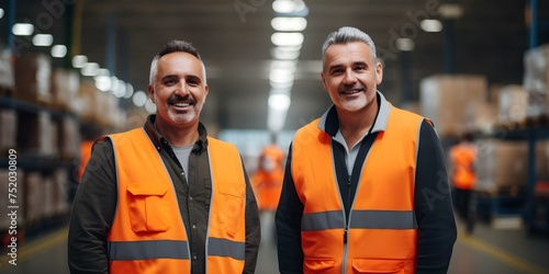 Middle-aged male workers in orange vests striking a positive pose in warehouse. Concept Middle-aged workers, Orange vests, Positive pose, Warehouse setting, Industrial work