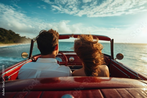 Cute couple in love on holiday vacation, View from the back of the cabriolet car that is driving along the beach. Ai generated
