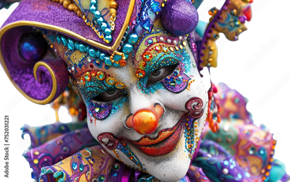 Characterizing a Clown at a Mardi Gras Masquerade isolated on transparent Background