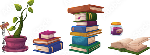Book tall and small stack and single open, plant in pot and aroma candle. Cartoon vector set of cozy reading and library elements - pile of literature with paper pages, colorful hardcover and bookmark