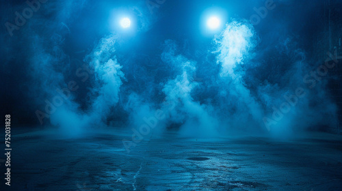 Dark street, asphalt abstract blue background with smoke float up