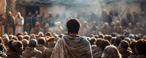 Jesus delivering a sermon to disciples or a crowd from behind. Concept Religious Art, Sermon Illustration, Biblical Scene, Spiritual Painting, Faithful Depiction