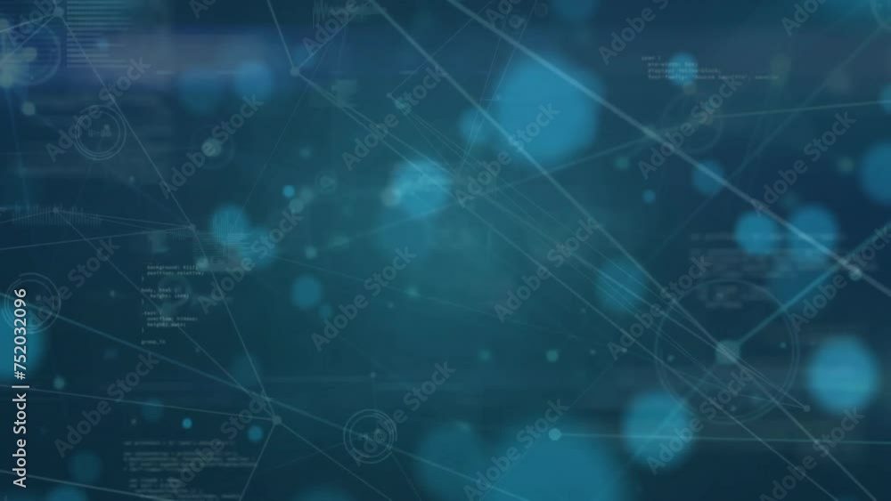 Animation of network of connections with data processing and light spots on blue background Animation of network of connections with data processing and light spots on blue background