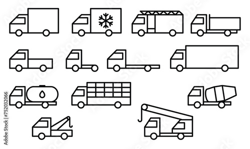 Icon set of different types of trucks.