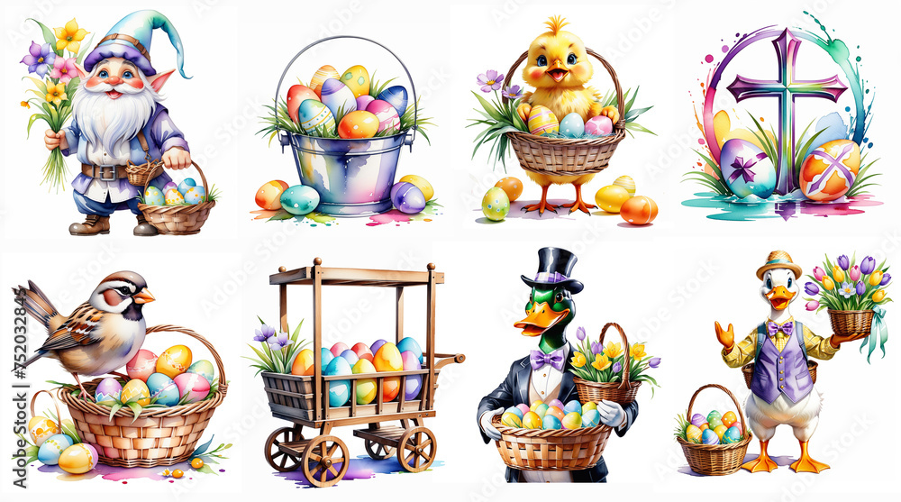 Set of Easter elements. Easter basket,eggs,bunny, sheep,flowers,chicken,gnome,car.Generative AI