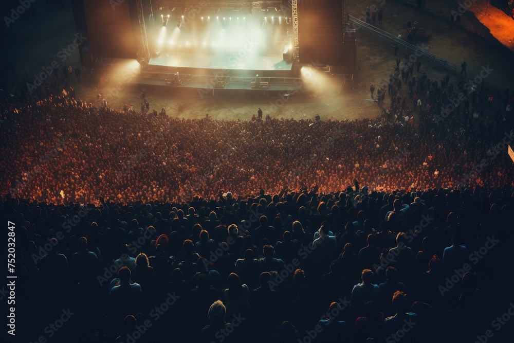 Top view of Crowd of people watching concert, Crowd in open air concert at night with lighting effects, Ai generated - obrazy, fototapety, plakaty 
