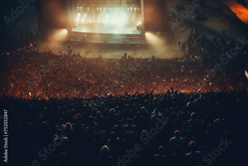 Top view of Crowd of people watching concert, Crowd in open air concert at night with lighting effects, Ai generated