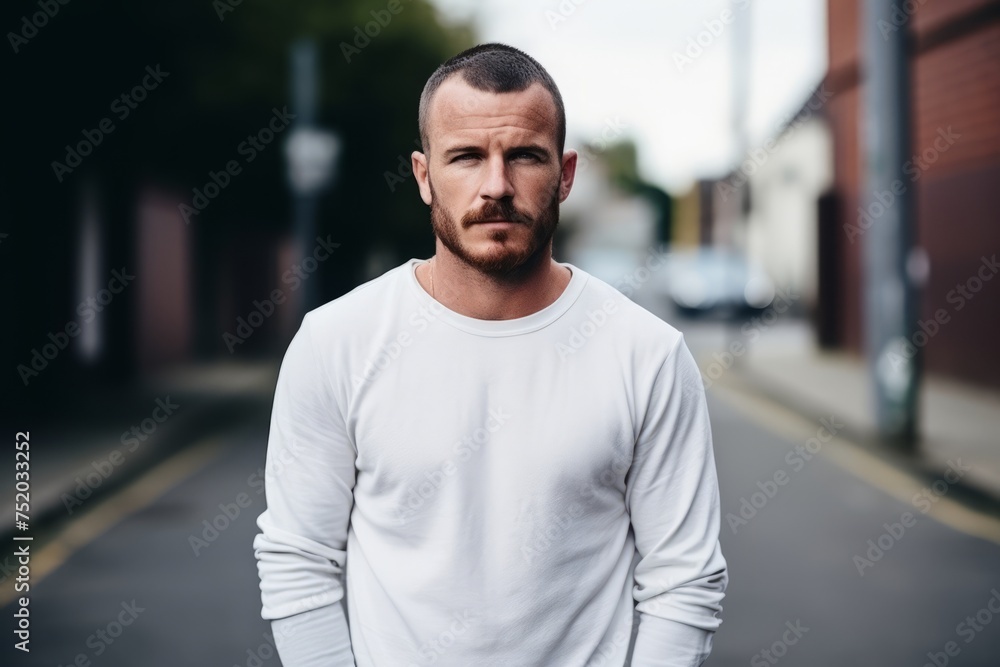 Portrait of a serious man in a white T-shirt.