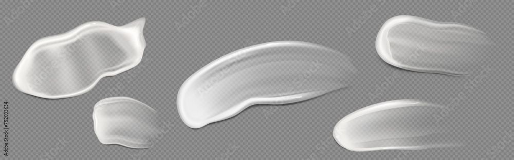 White translucent lotion or gel swatch. Realistic vector illustration set of face cosmetic or body cream smear. Makeup beauty and skincare smudge on transparent background. Creamy fluid sample. White translucent lotion or gel swatch. Realistic vector illustration set of face cosmetic or body cream smear. Makeup beauty and skincare smudge on transparent background. Creamy fluid sample.