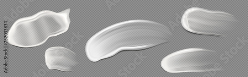 White translucent lotion or gel swatch. Realistic vector illustration set of face cosmetic or body cream smear. Makeup beauty and skincare smudge on transparent background. Creamy fluid sample.