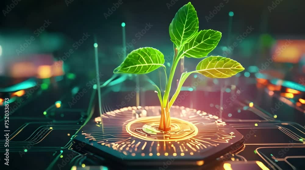 Glowing plant growing on computer chip representing digital ecology ...