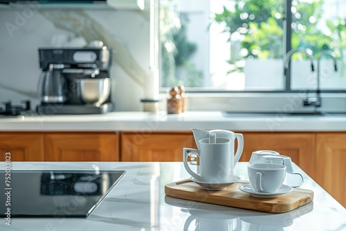 modern kitchen background. Kitchen island countertop with coffee set, kitchen interior.
