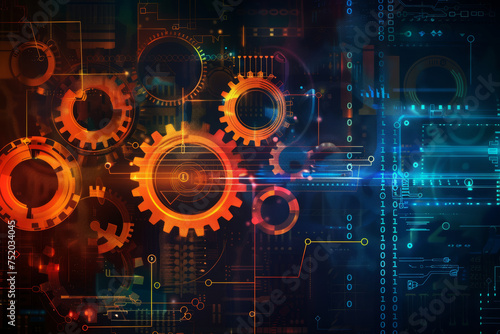 An abstract background featuring digital transformation symbols such as gears, circuit patterns, and binary code, symbolizing the evolution of technology.