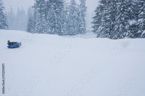 single person snow tubing on snowy mountain with trees in background
