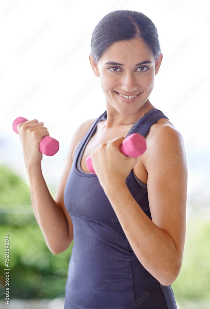 Woman, portrait and dumbbell with lifting weights for fitness outdoor with smile, wellness or healthy body. Athlete, person and face with training equipment for exercise, workout or physical activity Woman, portrait and dumbbell with lifting weights for fitness outdoor with smile, wellness or healthy body. Athlete, person and face with training equipment for exercise, workout or physical activity