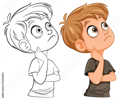 Two cartoon boys pondering with curious expressions.