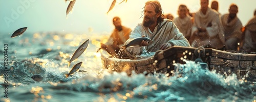 Jesus helps happy fishermen catch fish in a biblical religious scene. Concept Biblical Scene, Religious Imagery, Jesus Christ, Fishermen, Miraculous Help