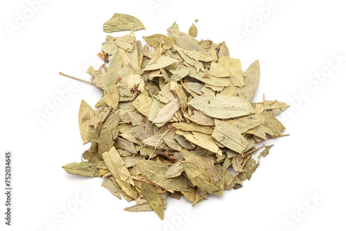 A pile of Dry Organic Sanay or Senna (Senna alexandrina) leaves, isolated on a white background. Top view