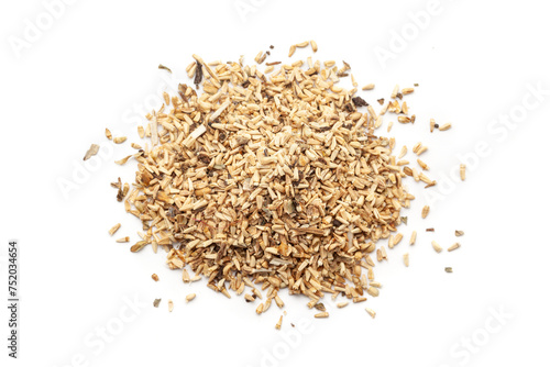 A pile of Dry Organic Chicory or Kasni (Cichorium intybus) seeds, isolated on a white background. Top view