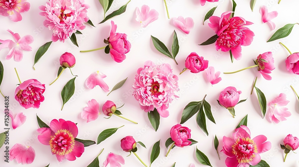 Flower pattern of pink peony flowers, branches, leaves and petals on white background. Flat lay, top view. Peony flower texture,generative ai, - obrazy, fototapety, plakaty 
