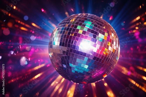 Disco ball with colored lights. club party, Abstract disco ball with colorful flares, beams and lights, Ai generated