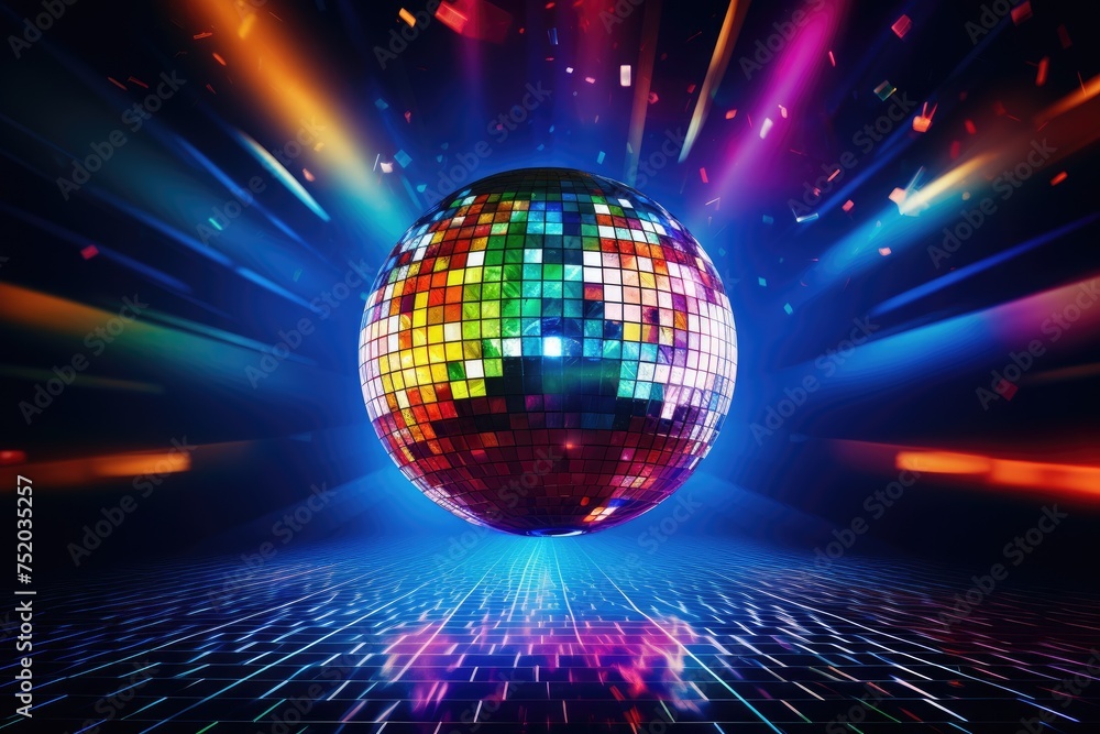 Disco ball with colored lights. club party, Abstract disco ball with colorful flares, beams and lights, Ai generated Disco ball with colored lights. club party, Abstract disco ball with colorful flares, beams and lights, Ai generated