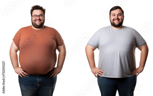 Reserved Heavyset Guy versus Self-assured Brainy and Trim Man isolated on transparent Background