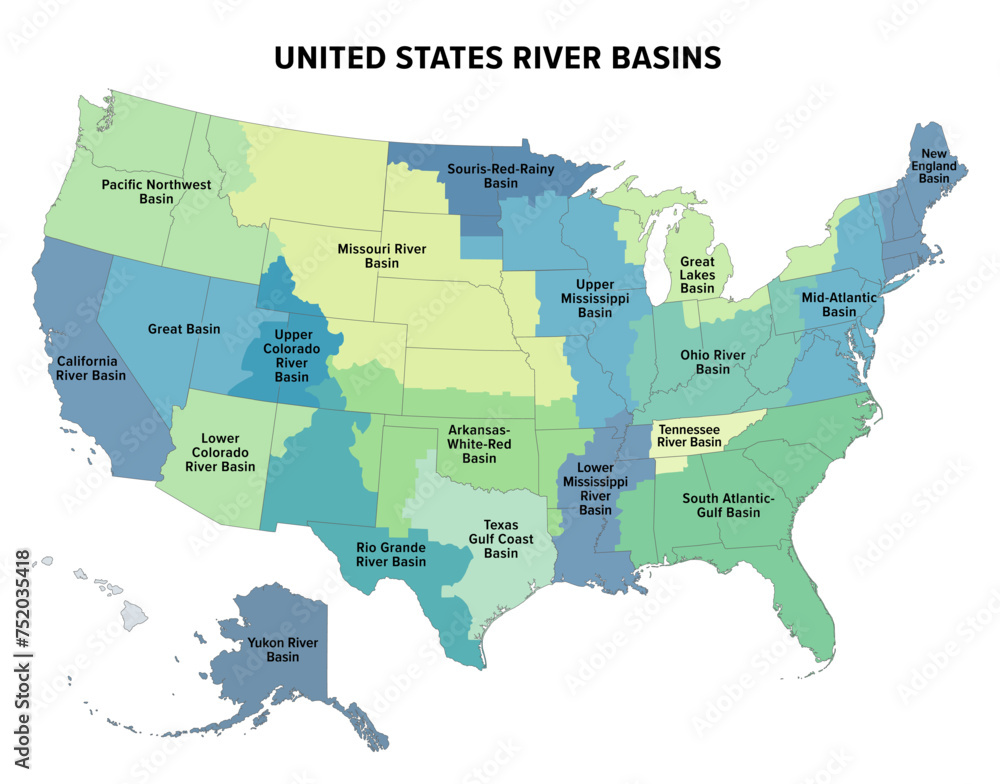 United States major river basins, political map. Nineteen major river basins, highlighted in different colors. Map with the silhouette of the USA, also showing the borders of the individual states.