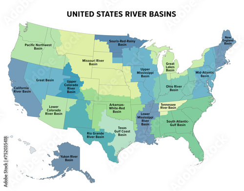 United States major river basins, political map. Nineteen major river basins, highlighted in different colors. Map with the silhouette of the USA, also showing the borders of the individual states. photo