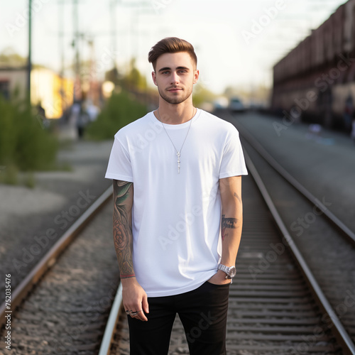 standing man in a white tshirt, blank canvas T-shirt mockup © The Origin 33
