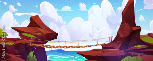Hanging rope foot bridge above dangerous abyss between rocky suspension cliff. Cartoon vector summer landscape with river or sea, stone high sharp edges with hazard chasm between its and extreme way.