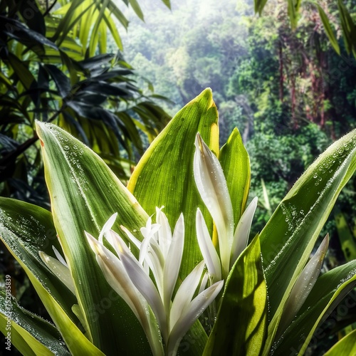 fresh tropical green leaves white