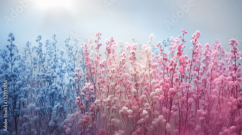 Pastel Flowers in Misty Sunrise Landscape