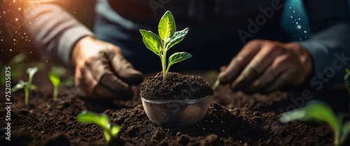 Expert hand of farmer checking soil health before growth a seed of vegetable or plant seedling, Business or ecology concept, In the background is the Milky Way galaxy. Stylish in the style of double e photo
