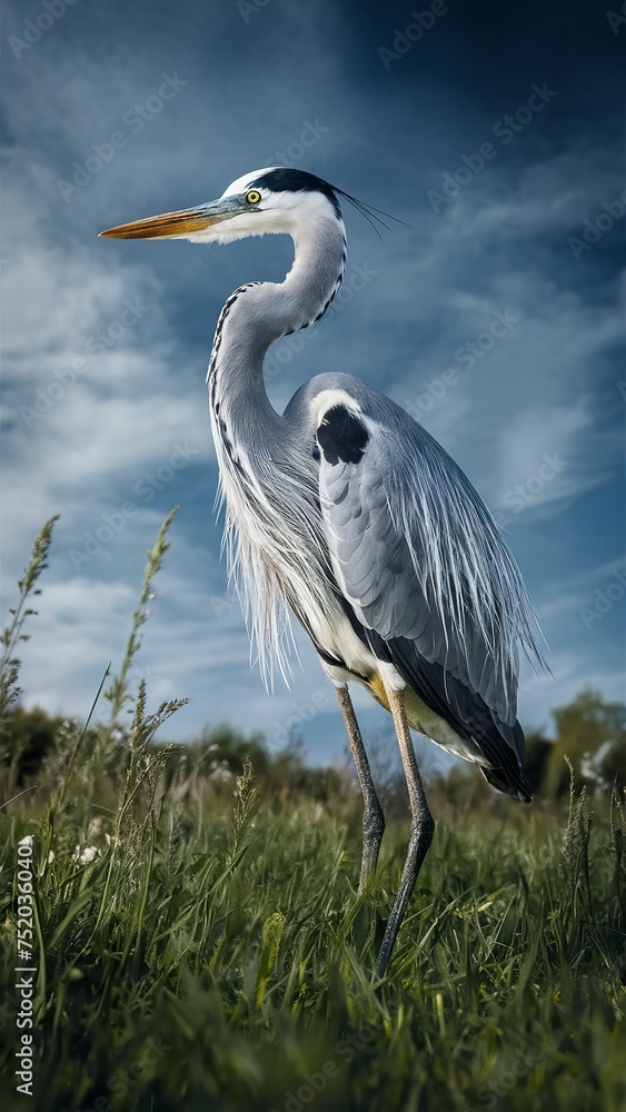 Grey heron, ardea cinerea, in a meadow Grey heron, ardea cinerea, in a meadow