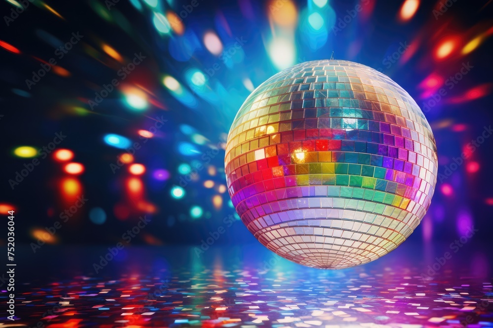 Fototapeta premium Disco ball with colored lights. club party, disco ball with lights, disco ball and lights, disco ball on abstract colored background, Ai generated