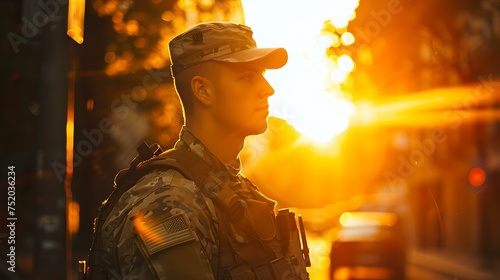 Serene soldier in camouflage gazing into sunset. military uniform profile. peaceful evening light. urban setting. reflective mood. AI