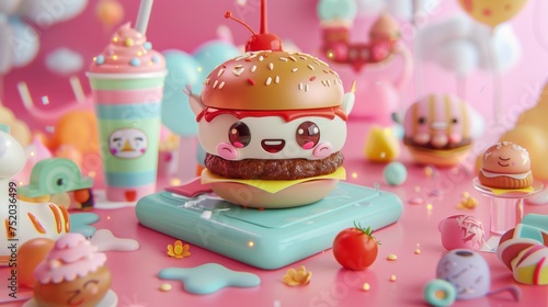 Burger with cute face on special board, cartoonish pastel world around. Happy burger surrounded by giggling drinks and sides under soft, sunny skies. photo