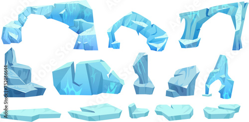 Iceberg piece and arch floating. Cartoon vector illustration set of blue ice and snow glacier mountain cube. Collection of floe for northern pole landscape design. Arctic frozen crystal water block.