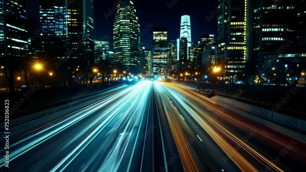 As the camera focuses on a specific section of the city the car light trails create a sense of urgency and activity highlighting the constant movement and bustle of urban As the camera focuses on a specific section of the city the car light trails create a sense of urgency and activity highlighting the constant movement and bustle of urban