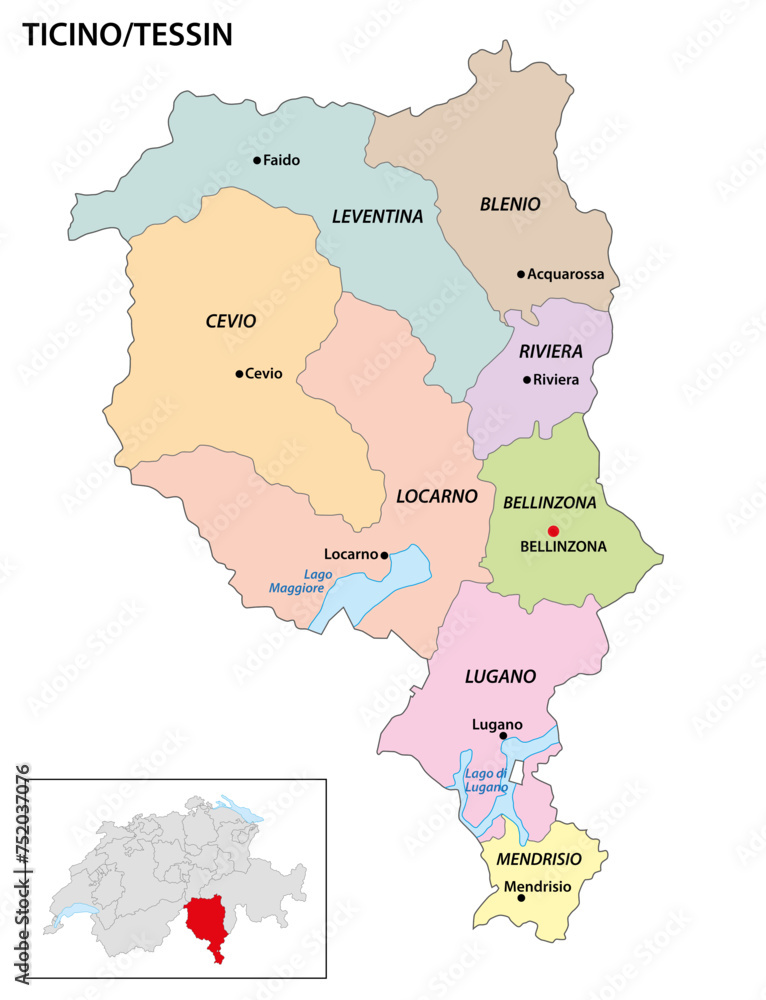Administrative district map of Ticino Canton, Switzerland