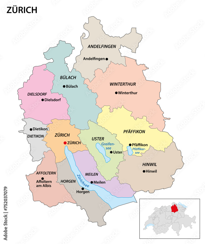 Administrative district map of Zurich Canton, Switzerland
